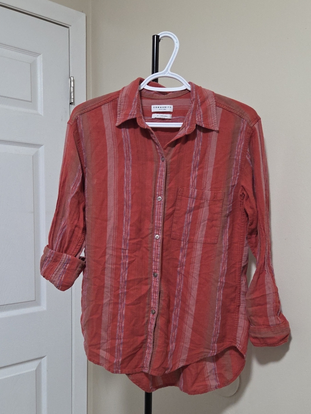 Aritzia Community Coral-Red Striped Men's Button-Down Shirt
